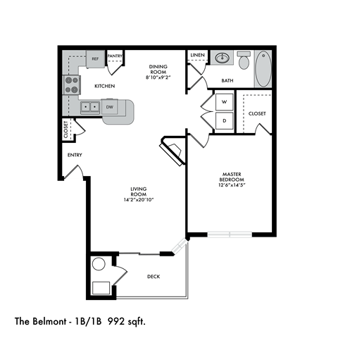 Floor plan for 1 bed, 1 bath, 992 sqft